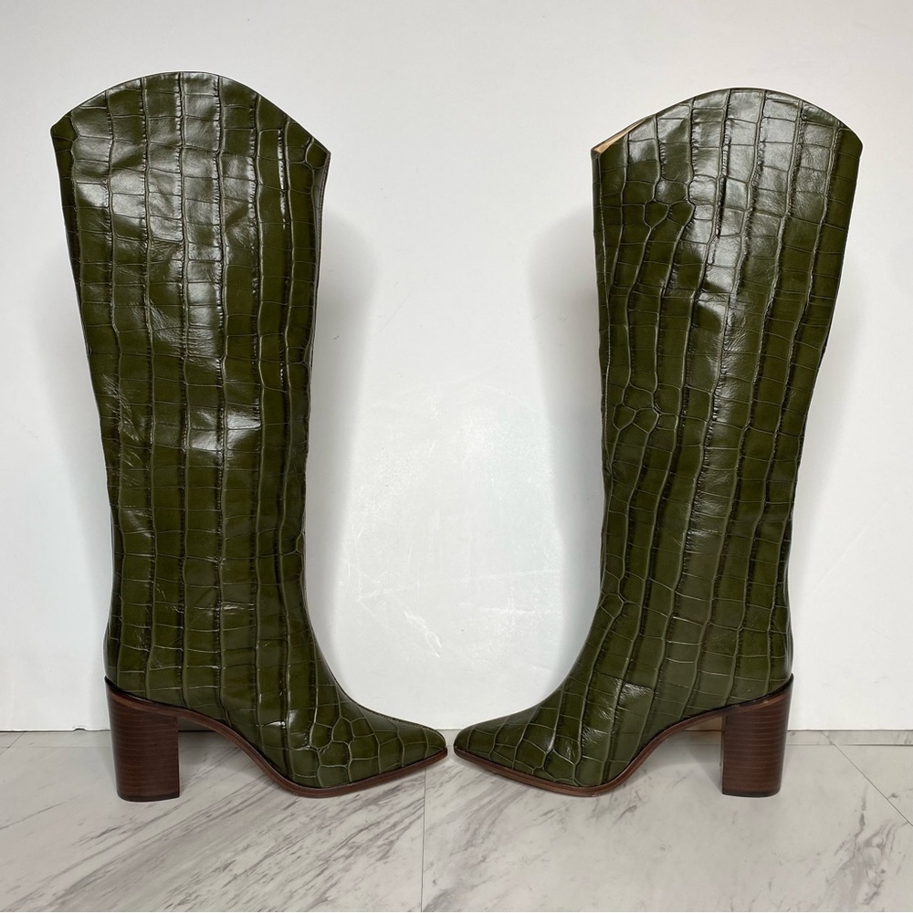 Schutz Maryana Green Crocodile Embossed Tall Block Heel Boot 5B - Picture 6 of 16